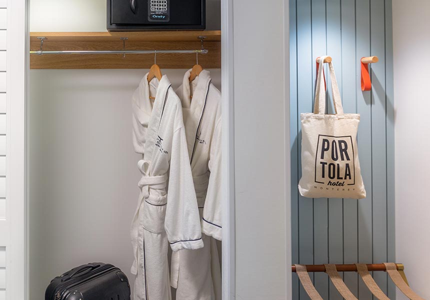 Portola robes hanging in closet.