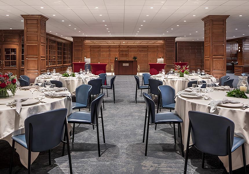 The Club Room set up for a holiday party.