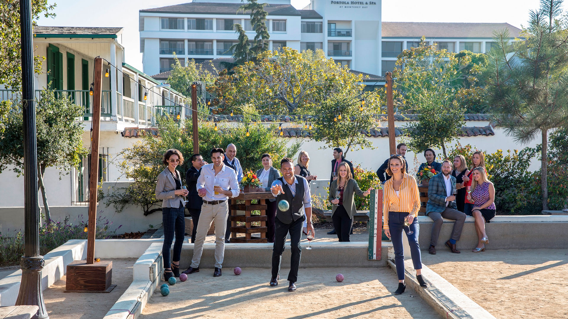 Monterey Bocce Courts behind Portola Hotel