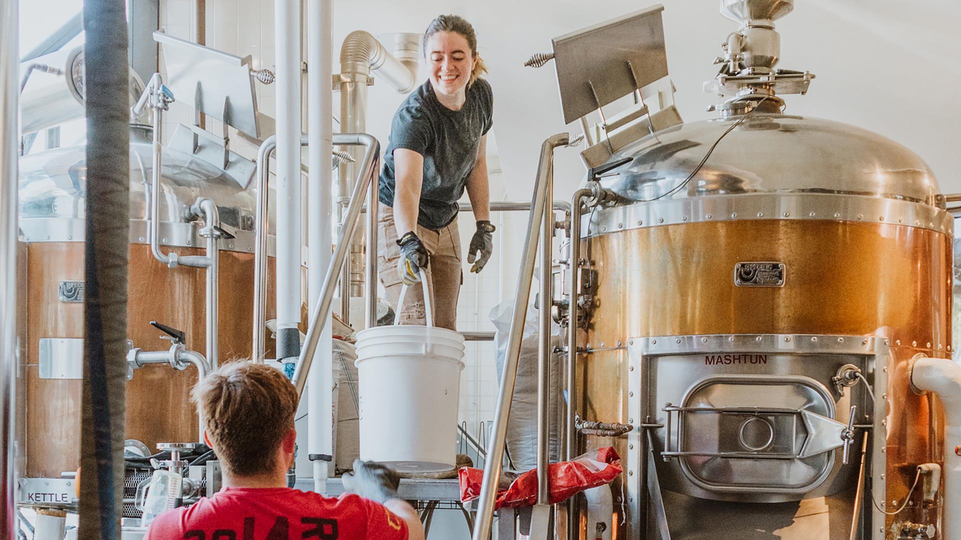 brewers checking beer in silo